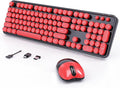Wireless Keyboard and Mouse, 104 Round Keycaps Retro Typewriter with OTG & Brush, Full-Size Ergonomic, Ideal for Windows PC, Home, Office and College Black Red