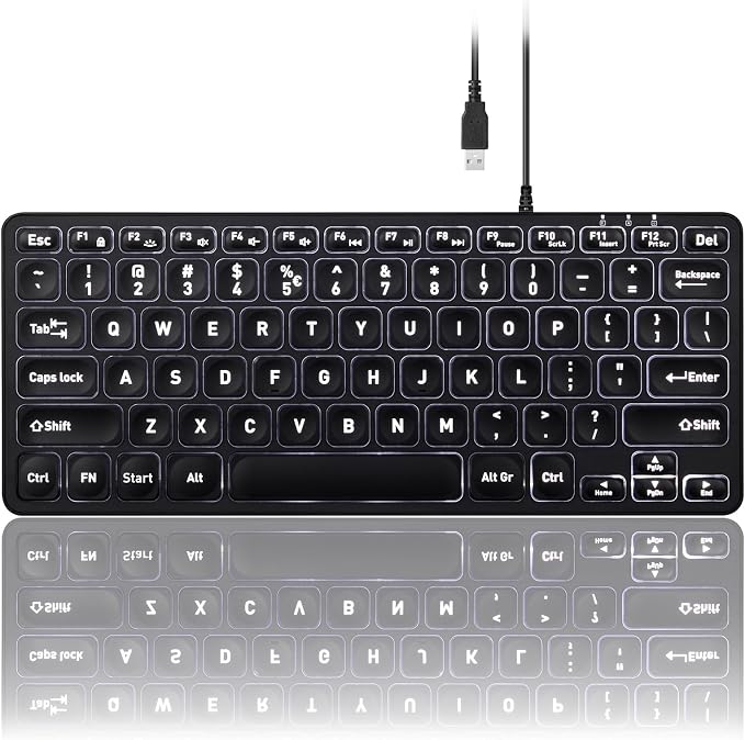Perixx PERIBOARD-332 Wired Backlit USB Keyboard - Mini 11.22x4.57x0.83 Inches - Slim Scissor Keys with Big Font - White Illuminated LED - US English