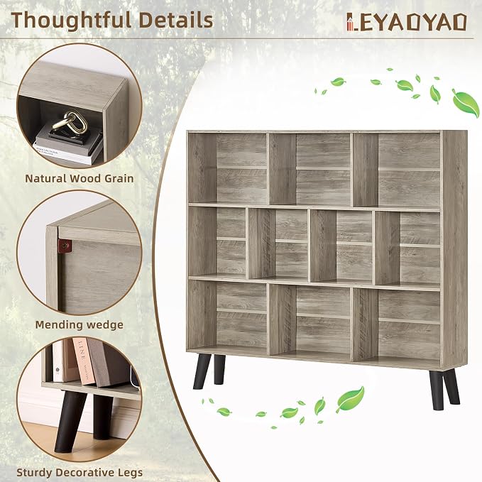 LEYAOYAO 10 Cube Bookshelf,3 Tier Modern Wide Bookcase with Legs,Mid-Century Wood Bookshelves Storage,Retro Grey Large Book Case,Freestanding Organizer Display Shelf for Bedroom,Living Room,Office