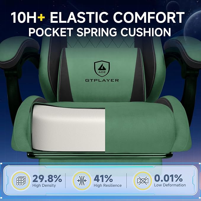GTPLAYER Gaming Chair, Video Game Chairs with Footrest and Lumbar Support, Computer Chair for Adults with Extended Backrest, Ergonomic Reclining Silla Gamer, Fabric, Green