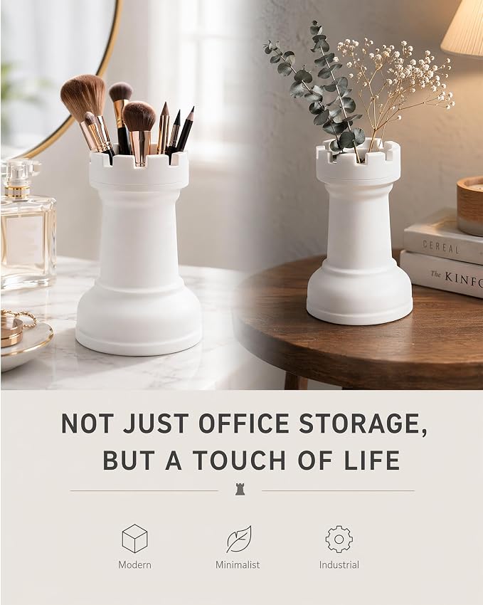 Chess Rook Pen Holder, 3D Printed Chess Piece Desk Organizer for Home Office Decor, Black (White)
