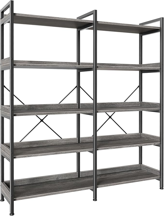 Huuger 5 Tier Bookshelf, Display Bookshelf with 10 Open Shelves and Raised Baffle, 47.2 Inch Straight Wide Bookcase with Metal Frame and Wooden Board, Adjustable Feet, Grey