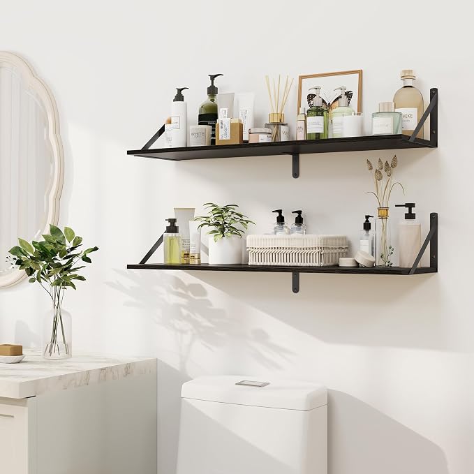 Heimlove Black Deep Floating Shelves for Wall, 32W x 8D Wood Wall Shelves Set of 2, Wide Floating Bookshelf for Living Room, Kitchen, Office, Bedroom and Decor Storage, with Metal Bracket - Black