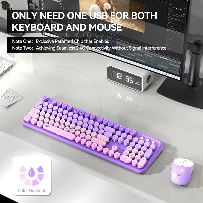 Wireless Keyboards Mouse Combos, Colorful Cute Typewriter Full-Size Retro Creamy Keyboard, 2.4GHz Sleep Mode Office Quiet Wireless Keyboard and Mouse Set for Desktop Laptop PC Computer(Purple)