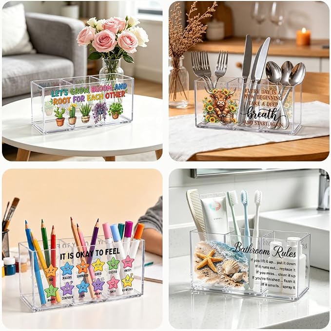 3 Compartments Funny Floral Acrylic Desk Organizer, Pen Holder & Makeup Organizer for Women, Colorful Wildflower Office Gifts for Coworker, Aesthetic Desk Decor for Women Vanity Office School