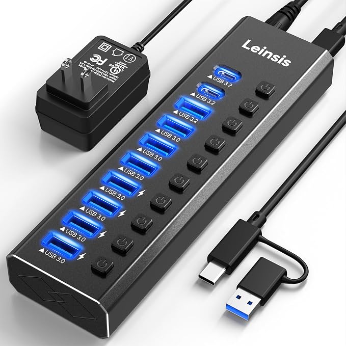 Powered USB Hub 3.2, LEINSIS 10-Port USB 3.2/USB C Hub (10Gbps USB-A 3.2 +2 USB-C 3.2 +7 USB 3.0 Ports) with Individual On/Off Switches and 12V Power Adapter, Aluminum USB Hub Powered for Laptop PC