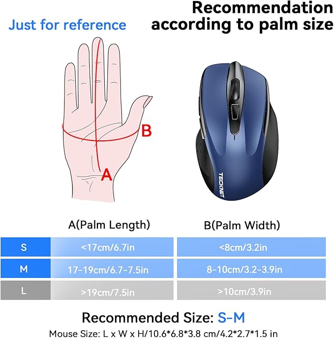 TECKNET Rechargeable Jiggler Wireless Mouse (BT5.0/3.0 & 2.4G) 4800 DPI Silent USB A & Bluetooth Mouse 6 Buttons, Wide Compatibility - Blue