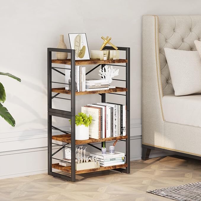 Homeiju Bookshelf, Dorm Desk Hutch, Desk Shelf Organizer, 4 Tier Stackable Bookcase, Adjustable Industrial Book Shelf Storage Organizer for Desktop, Living Room, Bedroom, Office,Rustic Black and Brown