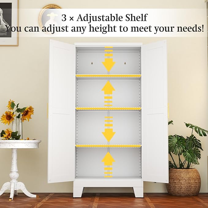 White Metal Storage Cabinet, 61" Steel Cabinets for Home Office, Kitchen Pantry Storage Cabinet with Doors and 3 Adjustable Shelves, Tool Cabinet, for Office, Home, Garage, School