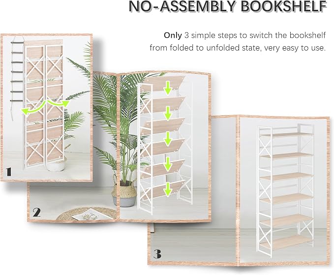 4NM 6 Tiers No Assembly Book Shelves, 61.8" H Folding Bookshelf Bookcase Open Industrial Foldable Shelves for Bedroom, Living Room, Home Office - Natural White