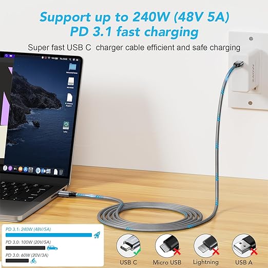 ULT-WIIQ 1FT USB C to USB C 3.2 Gen 2 x 2 Video Cable for Portable Monitor, 4K@144/120/60Hz 8K Display Cable, 20Gbps Data Transfer, PD 3.1 240W Fast Charging, for iPhone 17, MacBook, SSD, CarPlay