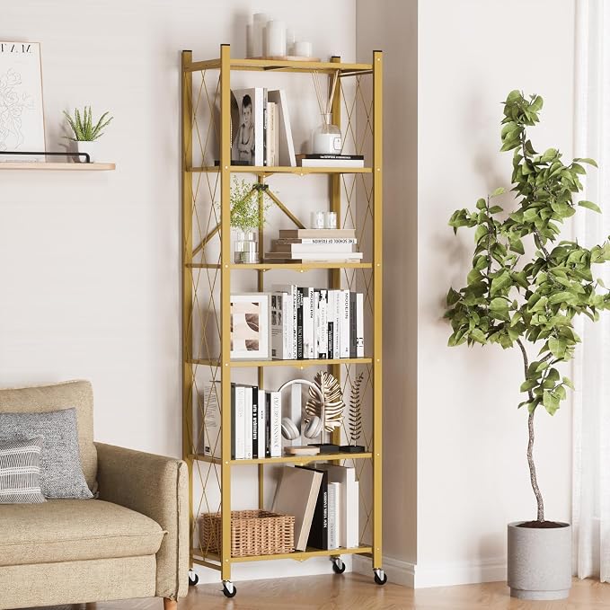 ALANNG 73.6 Inch Folding Bookshelf, 6 Tier Metal Bookcase and Bookshelves, Tall Shelves for Living Room Office Bedroom, Heavy Duty Book Shelve Free Standing Open (Gold, 2PACK)