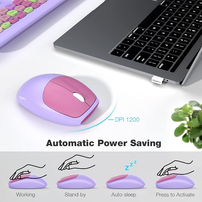 MOFii Wireless Keyboard and Mouse Combo, 2.4G Slim Full-Sized Colorful Keyboard Mouse for PC Desktop Laptops Windows (Purple Colorful)