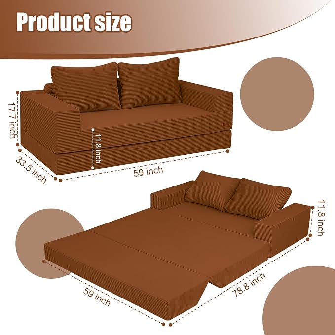 COMAX Convertible Sofa Bed Queen, Corduroy Folding Floor Couch Pull Out Couch Bed Futon Sleeper with Pillows, Fold Out Boneless Sofa Comfy Lounge Mattress Loveseat for Living Room Bedroom, Orange