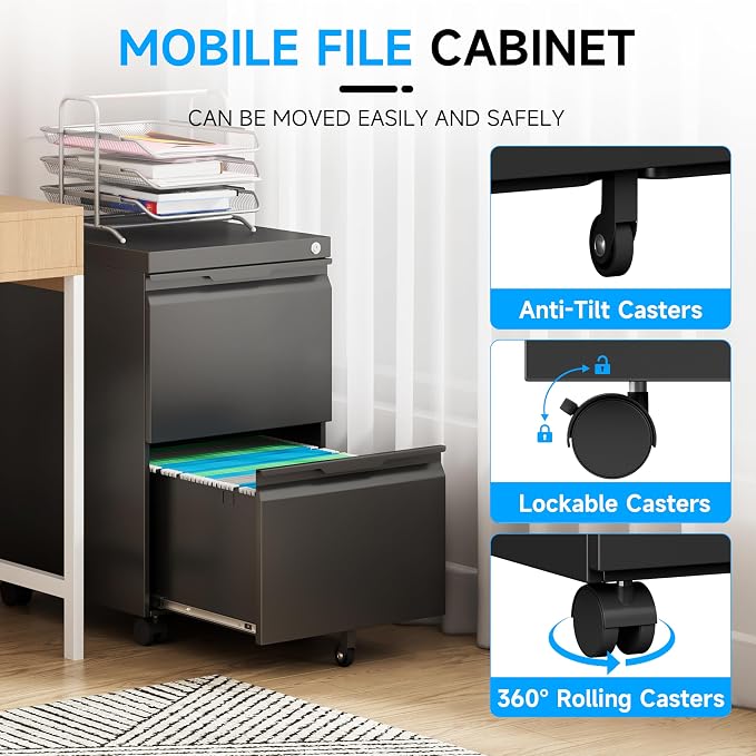 Bestoo Mobile File Cabinet with Lock, 2 Drawer Filing Cabinet, Under Desk Metal Rolling Filing Cabinets for Home Office, Fits Letter/Legal/A4 Size File, Easy Assembly