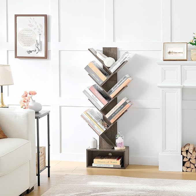 Hoctieon 6 Tier Tree Bookshelf, Tall Bookcase with Drawer, Freestanding Book Shelf, Display Floor Standing Storage Shelf, Book Organizer Shelves for Home Office, Living Room, Bedroom, Grey