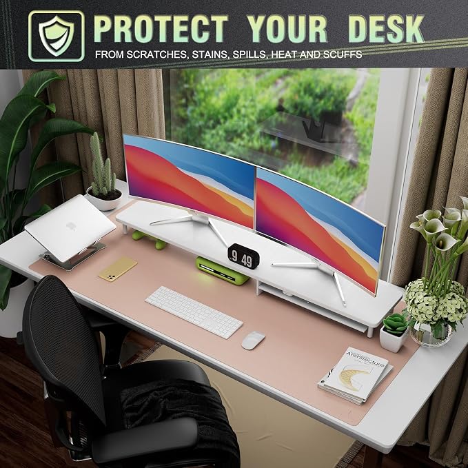 K KNODEL Large Office Leather Desk Mat, Mouse and Keyboard Pad, Computer and Laptop Mat, Desktop Protector and Cover, Writing Pad and Blotter (47.2"x23.6", Pink)