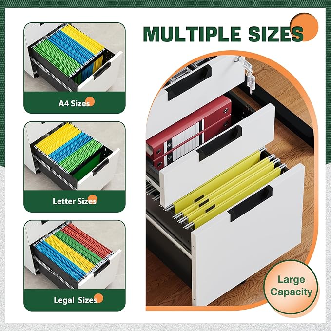 Letaya 3 Drawer Mobile File Cabinet with Lock,Under Desk Metal Small Filing Cabinets for Home Office Organizer Letters/Legal/A4(Fully Assembled Except Wheels-White)