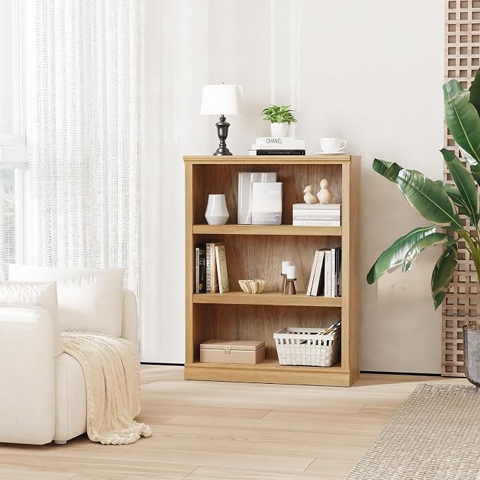 blini 3-Shelf Bookcase Wooden Bookshelves 33in Wide Floor Standing Display Storage Shelves Oak Bookcase for Home Office, Living Room, Bed Room