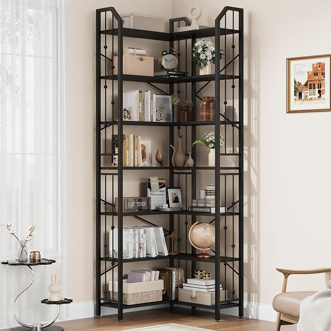 GarveeHome Corner Bookshelf 86" l Shaped Bookcase, Corner Bookshelves Black Bookcase 7 Tier l-Shape Bookshelf, Large Bookcases with Beaded Design Tall Display Rack Shelf for Living Room Bedroom