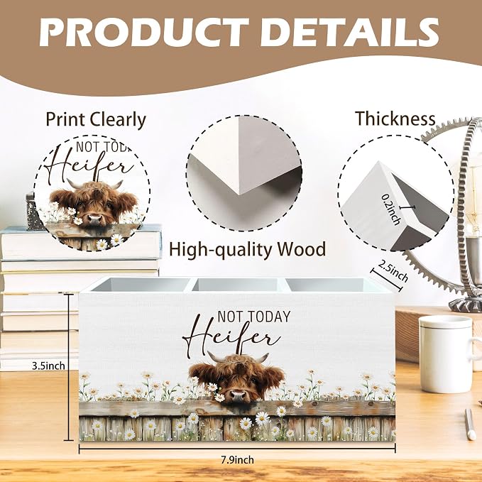 DILSJ Highland Cow Decor Pen Pencil Holder Organizer for Desk, Highland Cow Gifts for Women, Not Today Heifer Wooden Box Signs for Home Office Desk Tabletop Decoration