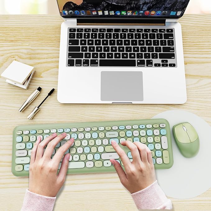 Wireless Keyboard and Mouse Combo, Colorful Ergonomic Full Size Retro Low-Noise Keyboard with Cute keycaps, Compatible with Windows, PC, Perfer for Home and Office Keyboards (Green)