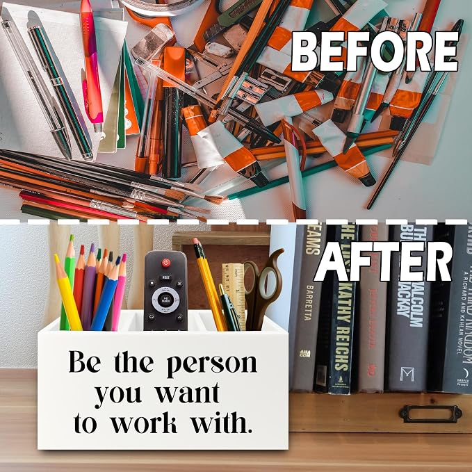 Be the Person You Want to Work with White Pen Pencil Holder Organizer for Desk, Inspirational Gifts for Women Men, Motivational Wooden Box Sign for Home Office Desk Tabletop Decorations