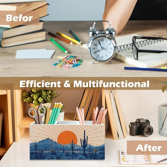 DILSJ Western Boho Pen Pencil Holder Organizer for Desk, Boho Office Decor, Abstract Sunshine Western Desert Cactus Landscape Wooden Box Signs for Home Office Desk Tabletop Decoration