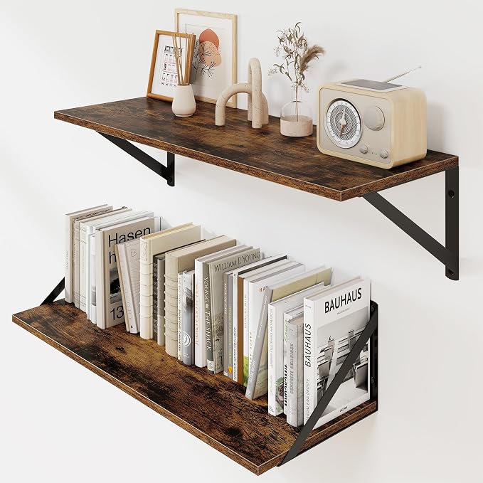 Heimlove Deep Floating Shelves for Wall, 24W x 8D Wood Wall Shelves Set of 2, Wide Floating Bookshelf for Living Room, Kitchen, Office, Bedroom and Decor Storage, with Metal Bracket - Rustic Brown