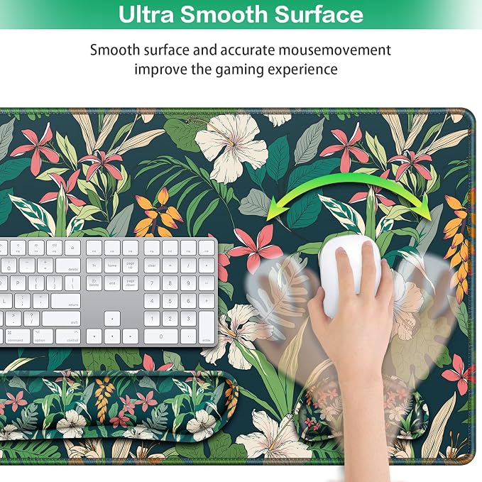 Desk Mat Floral, Large Gaming Mouse Pad with Wrist Rest, 4in1 XXL Mousepad+Keyboard Wrist Rest+Mouse Pad Wrist Support+Cup Coaster Set Ergonomic Computer Desk Arm Wrist for Decor Home Office Women