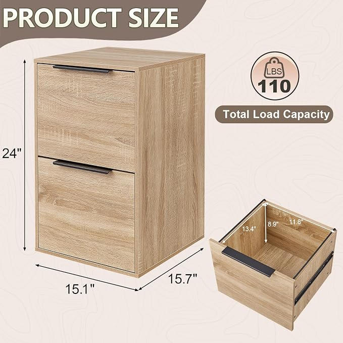 Wood File Cabinet 2 Drawer Filing Cabinets with Hanging Bars for Letter Size, Wooden Samll Vertical Filing Cabinet for Home Office, Oak