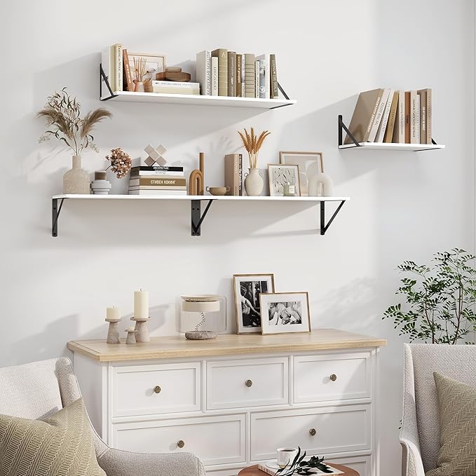 Heimlove White Deep Floating Shelves for Wall, 36W x 8D Wood Wall Shelves Set of 2, Wide Floating Bookshelf for Living Room, Kitchen, Office, Bedroom and Decor Storage, with Black Bracket - White