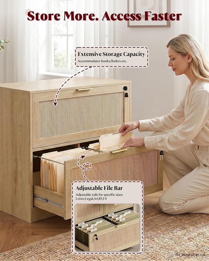 HOPUBUY 2 Drawer File Cabinet with Lock Set of 2, Printer Stand Lateral Filing Cabinets for Home Office and School, Wood Rattan File Cabinet for Hanging Files/Letter/Legal/A4/F4 Size, Natural Wood
