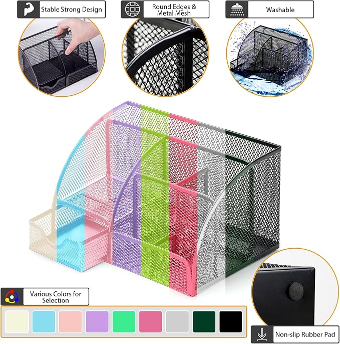 Boutilon Mesh Desk Organizer Desktop Office Supplies Stationary Organizer with 6 Compartments and 1 Drawer Multi-Functional Caddy Pen Holder for Home Office School Desk Decor(Pale Purple)