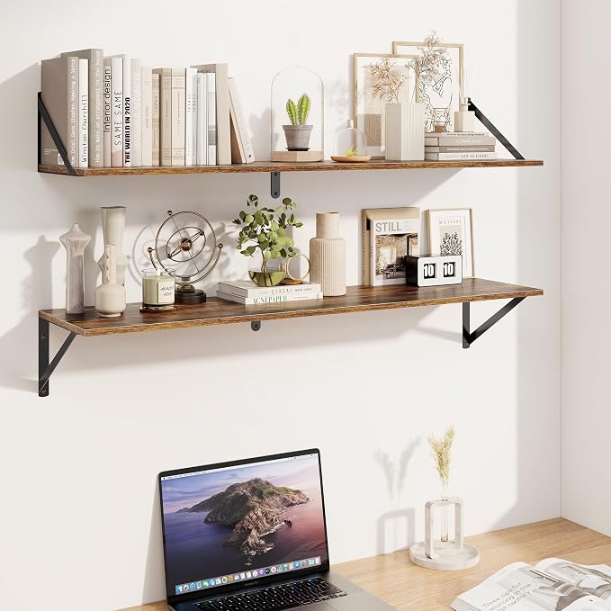 Heimlove Deep Floating Shelves for Wall, 40W x 8D Wood Wall Shelves Set of 2, Wide Floating Bookshelf for Living Room, Kitchen, Office, Bedroom and Decor Storage, with Metal Bracket - Rustic Brown