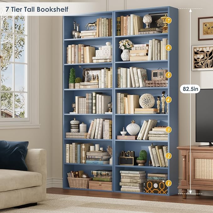 FACBOTALL 82" Tall Bookshelf, 7-Tier Open Shelves Bookcase, Freestanding Display Storage Shelves, Tall Bookcase Home Decor Furniture for Home Office, Living Room, Bedroom, Blue