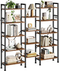 Furologee Triple Column 5 Tier Bookshelf, Large Bookcase with 14 Display Shelves, Adjustable Book Shelf with 6 Hooks, Rustic Bookshelves Storage Organizer, Shelving Unit for Living Room, Bedroom