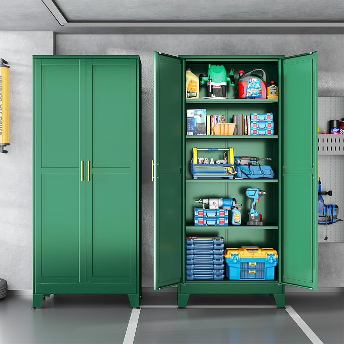 Green Metal Storage Cabinet,75" Steel Cabinets for Home Office, Kitchen Pantry Storage Cabinet with Doors and 5 Adjustable Shelves, Tool Cabinets, for Office, Home, Garage, School