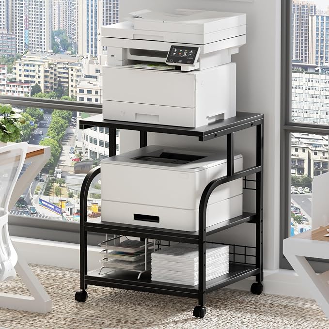 Lerliuo Large Printer Stand with Storage, 23.6"W x 18.9"D x 30.2"H, 5-Adjustable Shelf Heights Mobile 3 Tier Table with Lockable Wheels, Industrial Rolling Printer Cart, Black Stands for Home Office