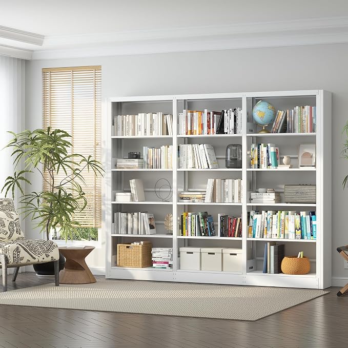 5-Tier Industrial Bookshelf, White Bookcases and Bookshelves,Tall Metal Book Shelf Storage Organizer,Freestanding Bookshelf for Living Room,Home Office(White, Shelf-4)