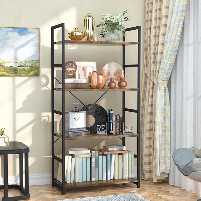 NUMENN 4 Tier Bookshelf, Tall Bookcase Shelf Storage Organizer, Modern Book Shelf for Bedroom, Living Room and Home Office, Vintage
