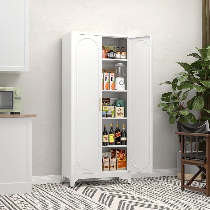 Kitchen Storage Cabinets, 75" Tall Metal Storage Cabinet with Doors and 4 Shelves, Kitchen Pantry Cabinets with Gold Handles, White Food Pantry, Large Cupboard for Dining Room, Office