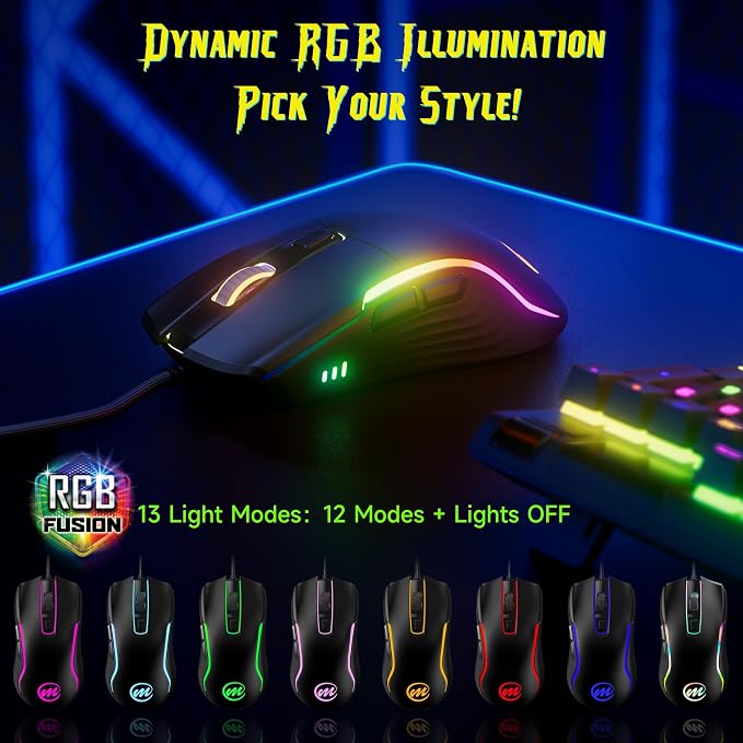 memzuoix Wired Gaming Mouse with RGB - 6 Adjustable DPI up to 12800, 6 Buttons, 12 Lighting Modes, Ergonomic Design with Anti-Slip Rubber Wheel, 5.6ft Braided Cable for PC/Mac/Windows - Black