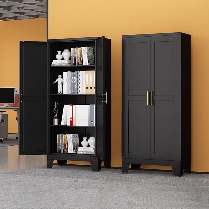 Black Metal Storage Cabinet, 61" Steel Cabinets for Home Office, Kitchen Pantry Storage Cabinet with Doors and 3 Adjustable Shelves, Metal Tool Cabinet, for Office, Home, Garage, School