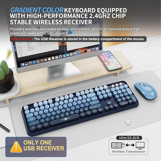 FOPETT Wireless Keyboard and Mouse Combo, 104 Keys Full-Sized 2.4 GHz Round Keycap Colorful Keyboards, USB Receiver Plug and Play, for Windows, Mac, PC, Laptop, Desktop (GradientBlue)