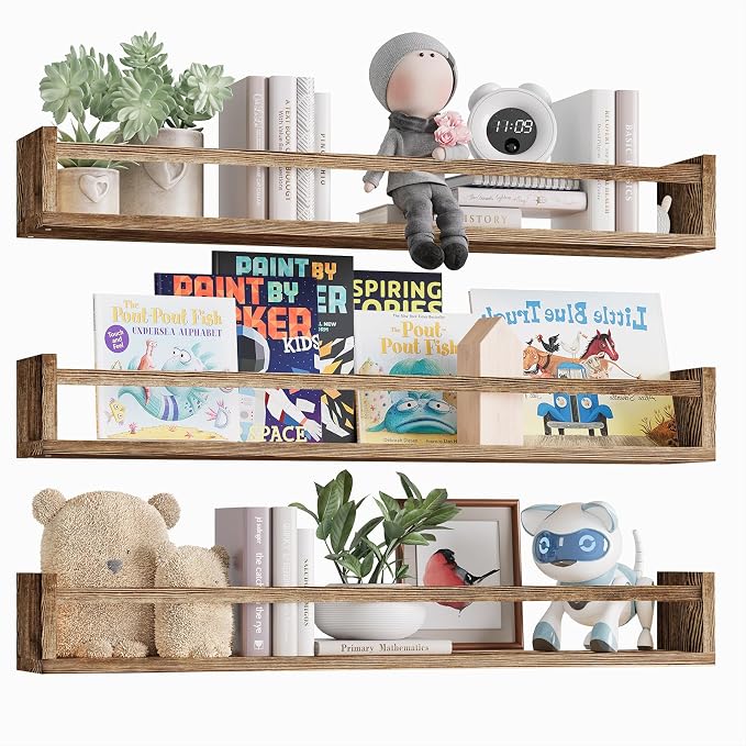Fixwal Nursery Book Shelves for Kids Rooms, 23.6 Inch Floating Bookshelves for Wall Set of 3, Baby Nursery Decor, Solid Wood Wall Mounted Shelves for Books (Brown)