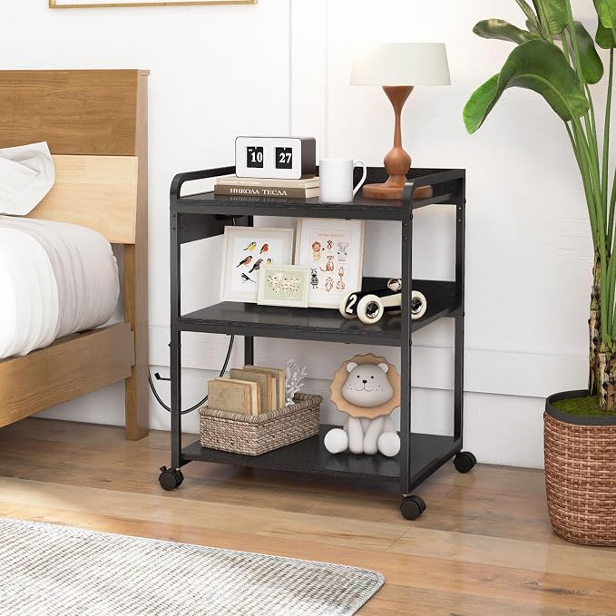 Livofloral Printer Stands with Charging Station, 25.2 x 18.9 Inch Large Printer Stand with Wheels for Home Office, 3 Tier Printer Table with Power Outlet USB Port, Printer Shredder Stand, Black