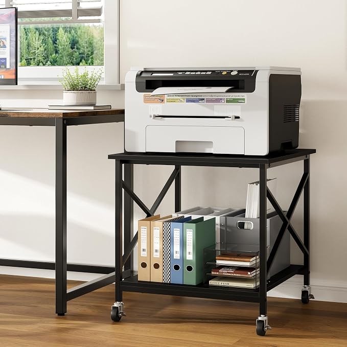 Warmiehomy 24"x24"x24" Large Printer Stand with Storage, 2 Tier Rolling Printer Cart Table, Mini Fridge Stand with Wheels, Use for 3D Laser Printer Home Office, Black
