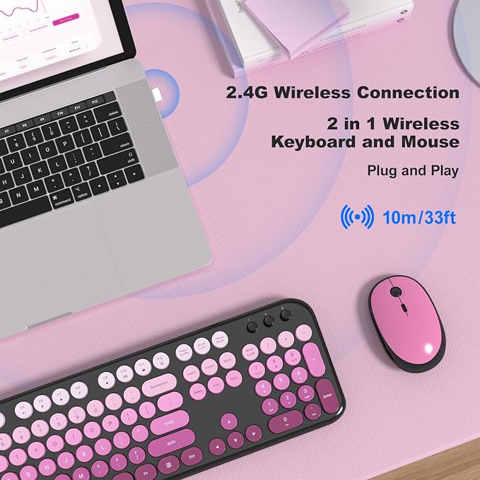 Atelus Wireless Keyboard and Mouse Combo, Typewriter Full Size Keyboard with Number Pad and 2 in 1 USB Connected Mouse for PC Computer Laptop Desktop Windows 7 8 10 11 (Black Pink)