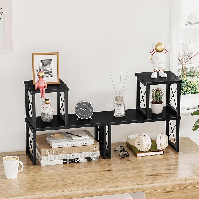 Honiter 2 Sets Desk Shelf, Desktop Organizer Shelf, Freestanding Small Bookshelf Desk Organizer, 2 Tier Independent Stackable Desktop Shelves, Desktop Office Storage Rack Display Shelf, Black